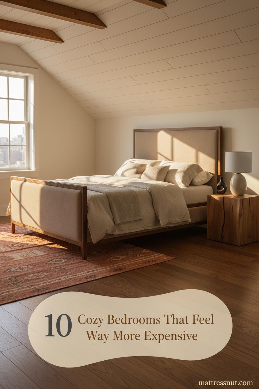 Attic bedroom with sloped off-white pine ceiling, dormer window, warm amber light, walnut floors, ivory linen bedding and rust kilim rug