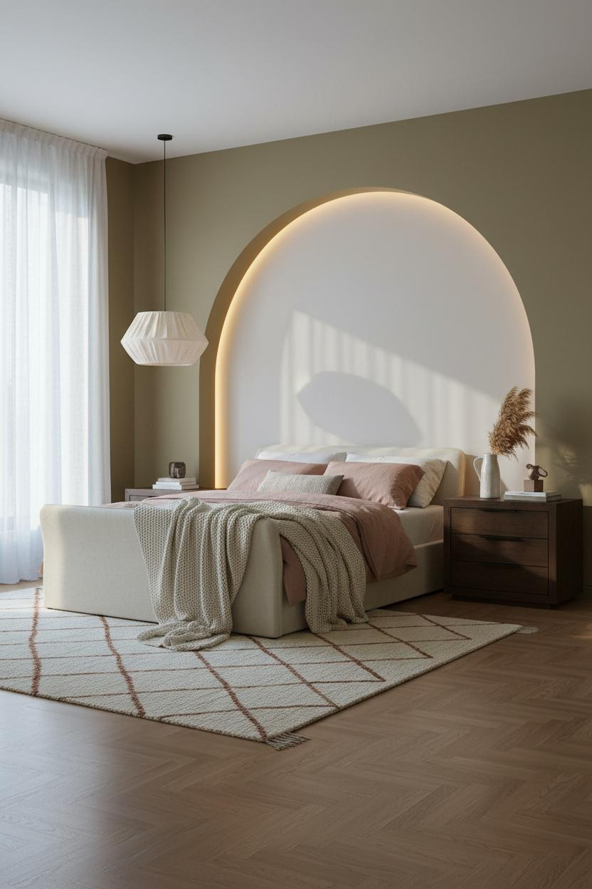 White Bed Frame Arched Niche Botanical Bedroom