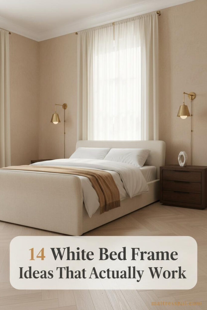 White bed frame with ivory percale bedding, camel wool throw, brass wall sconces, walnut nightstand, and pale oak herringbone floors