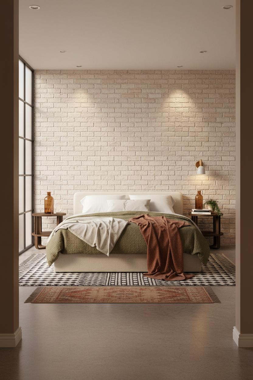 White Bed Frame Bedroom Whitewashed Brick