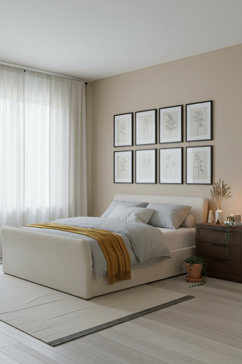 White Bed Frame Gallery Wall Botanical Prints