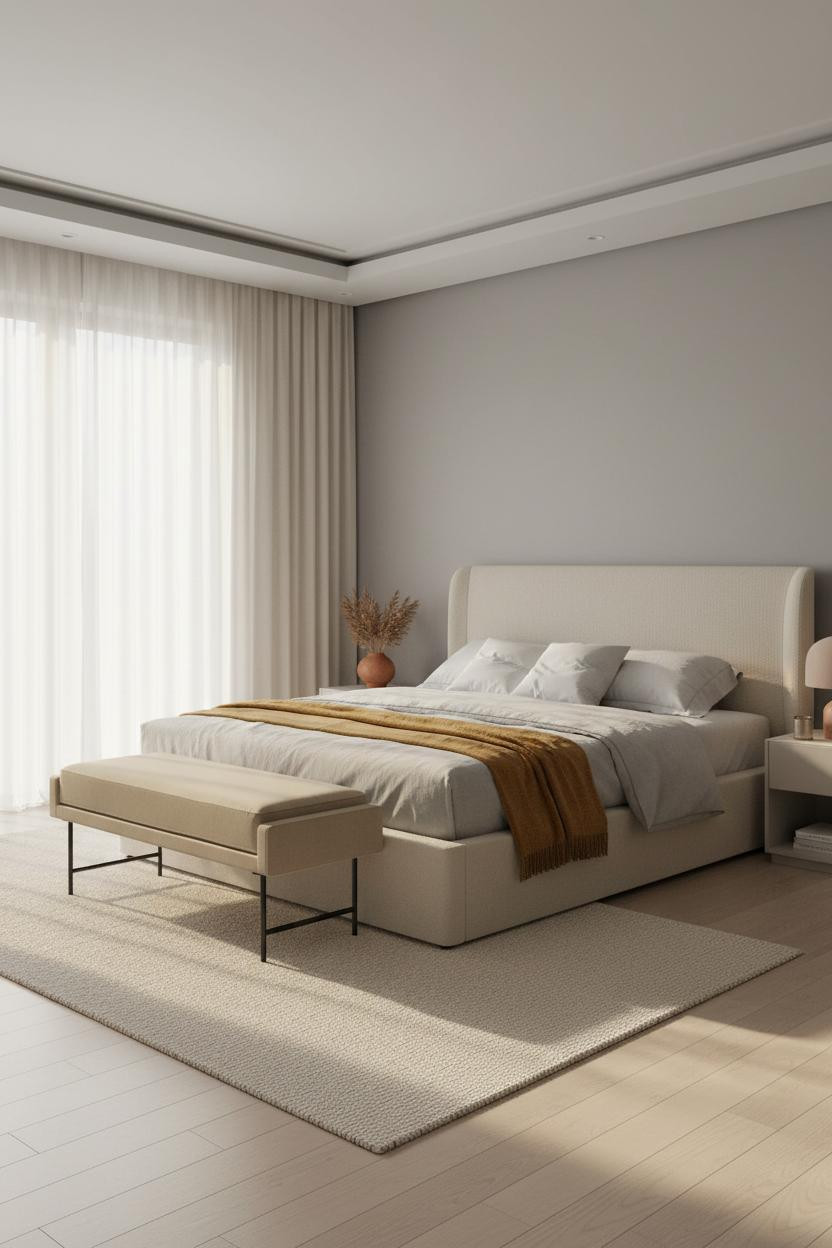 White Bed Frame Grey Walls Modern Bedroom