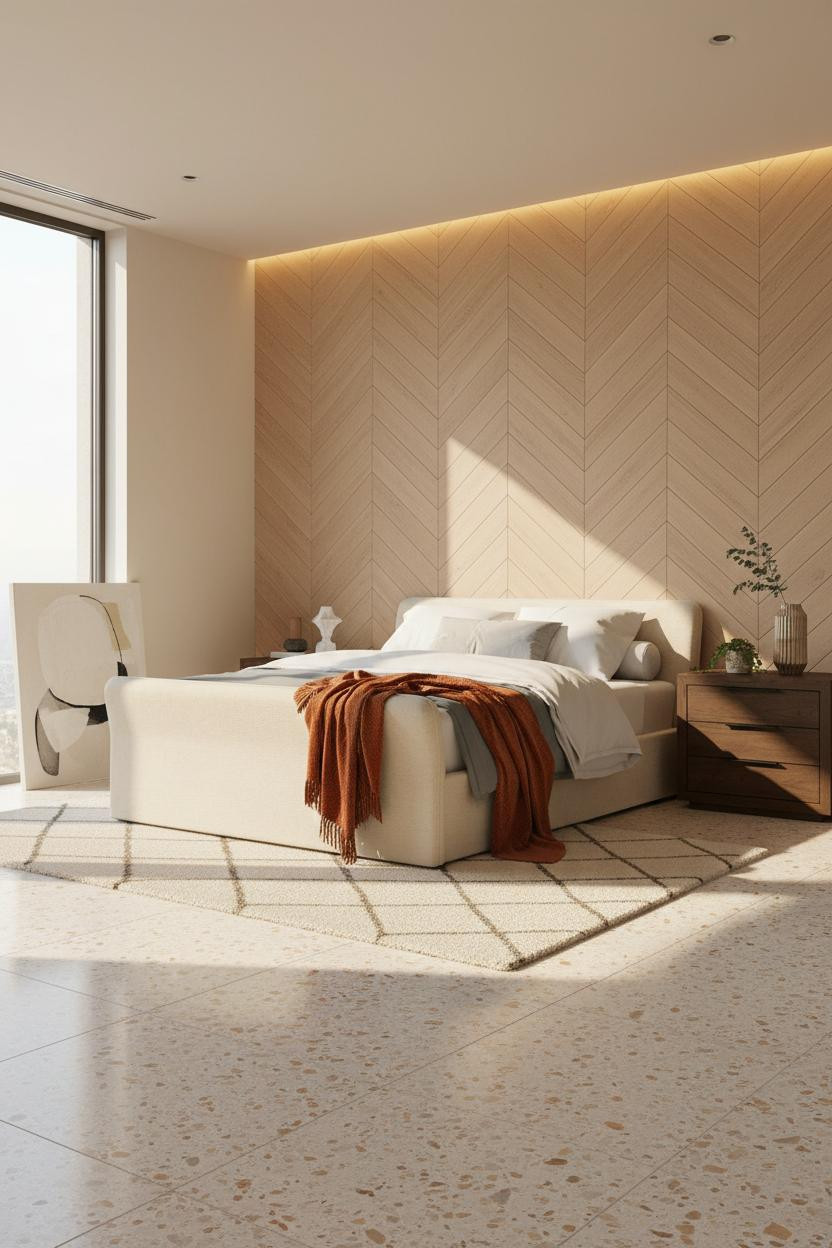 White Bed Frame Herringbone Accent Wall