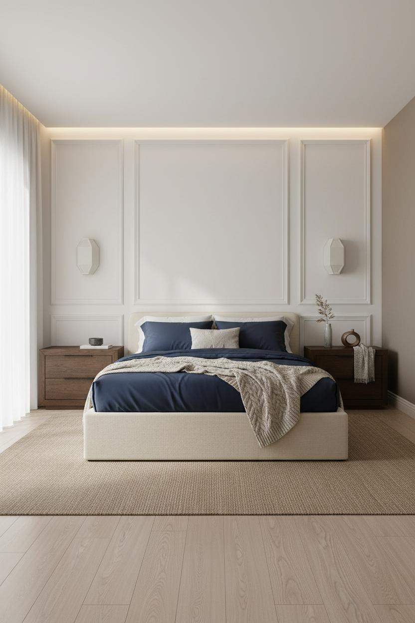 White Bed Frame Paneled Wall Bedroom