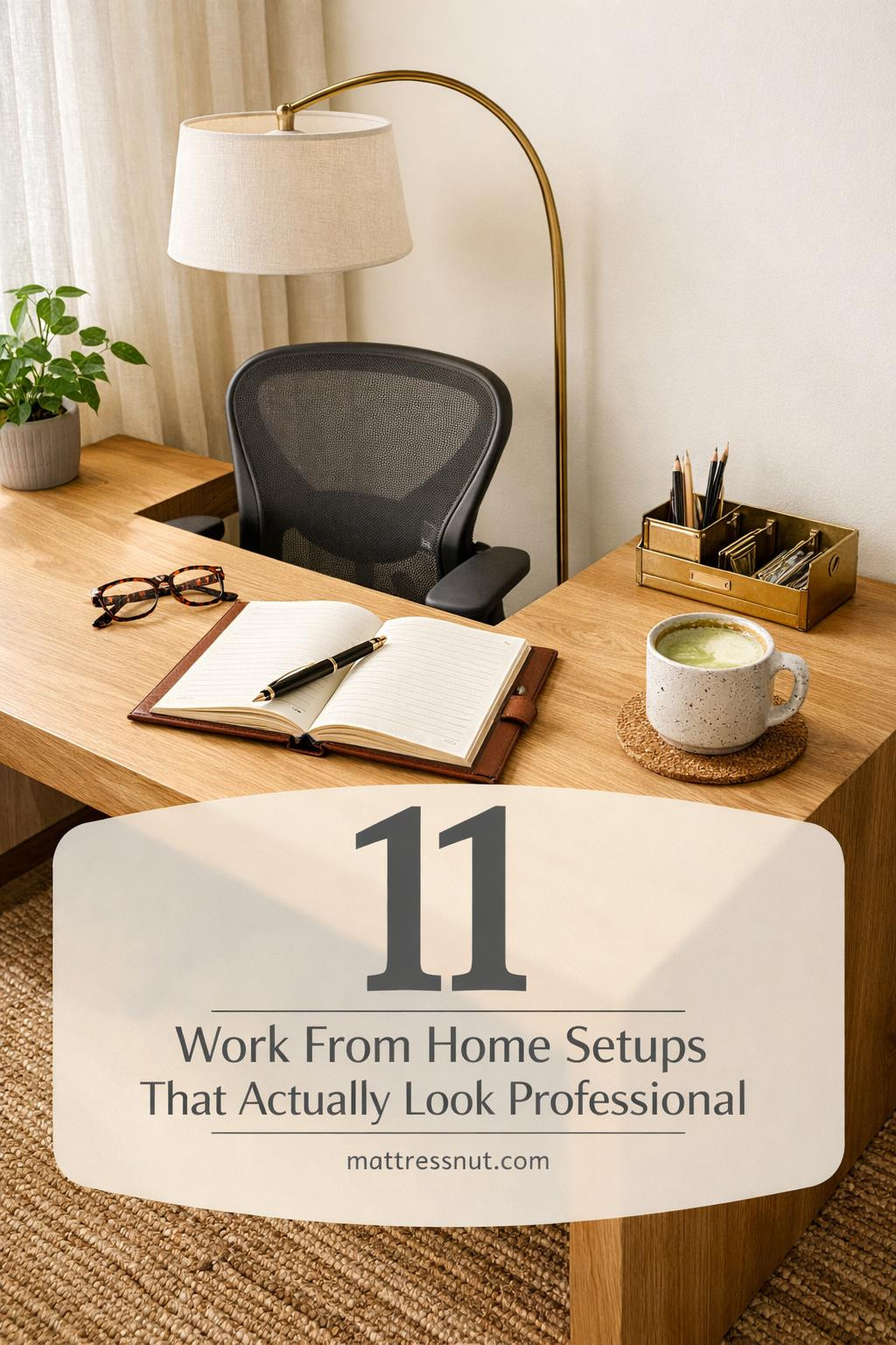 Clean home office workspace featuring white desk, ergonomic chair, laptop, desk lamp, and organized shelving with plants