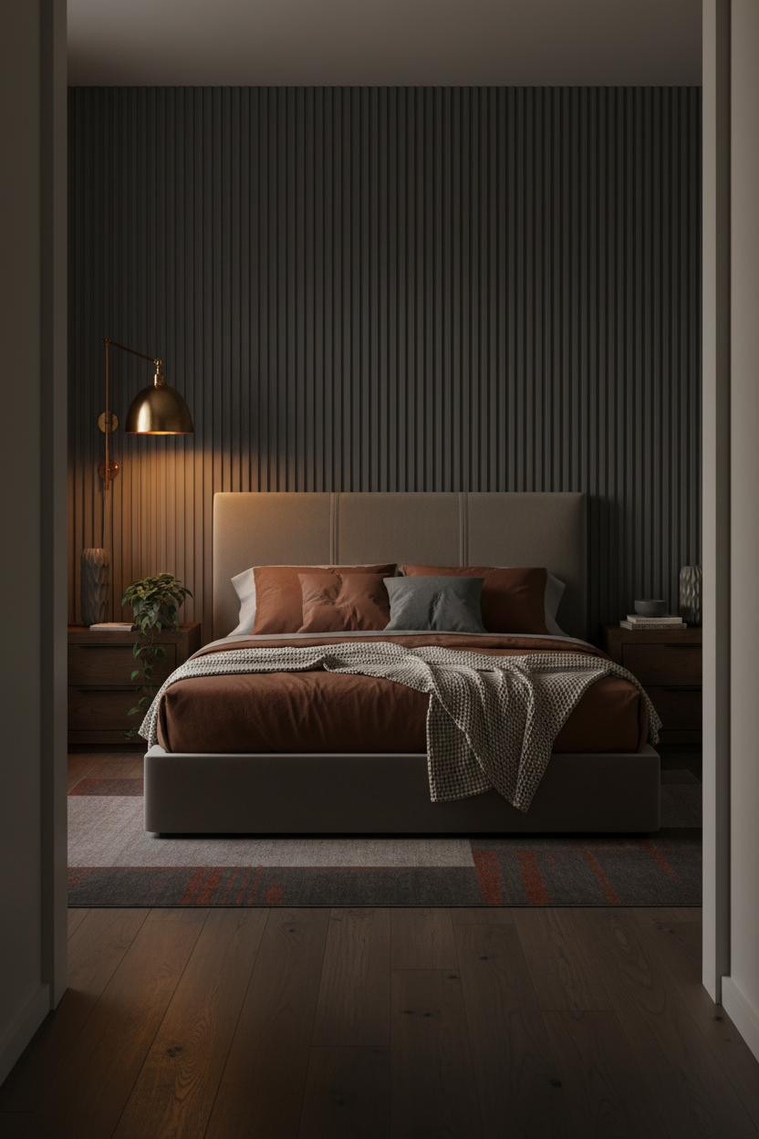 Young Couple Bedroom Moody Minimal with Greige Walls and Oak Shelving
