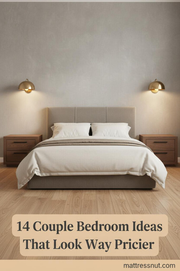 Greige limewash accent wall, low walnut bed with cream linen bedding, brass sconces, and wide-plank oak floors in a couple bedroom