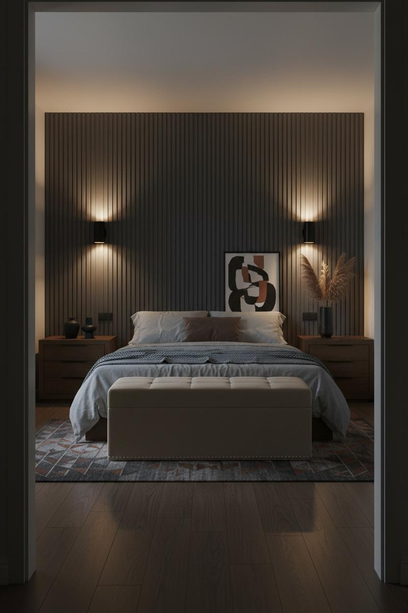 Young Couple Bedroom Japandi Charcoal Feature Wall with Warm Sconces and Storage Bench