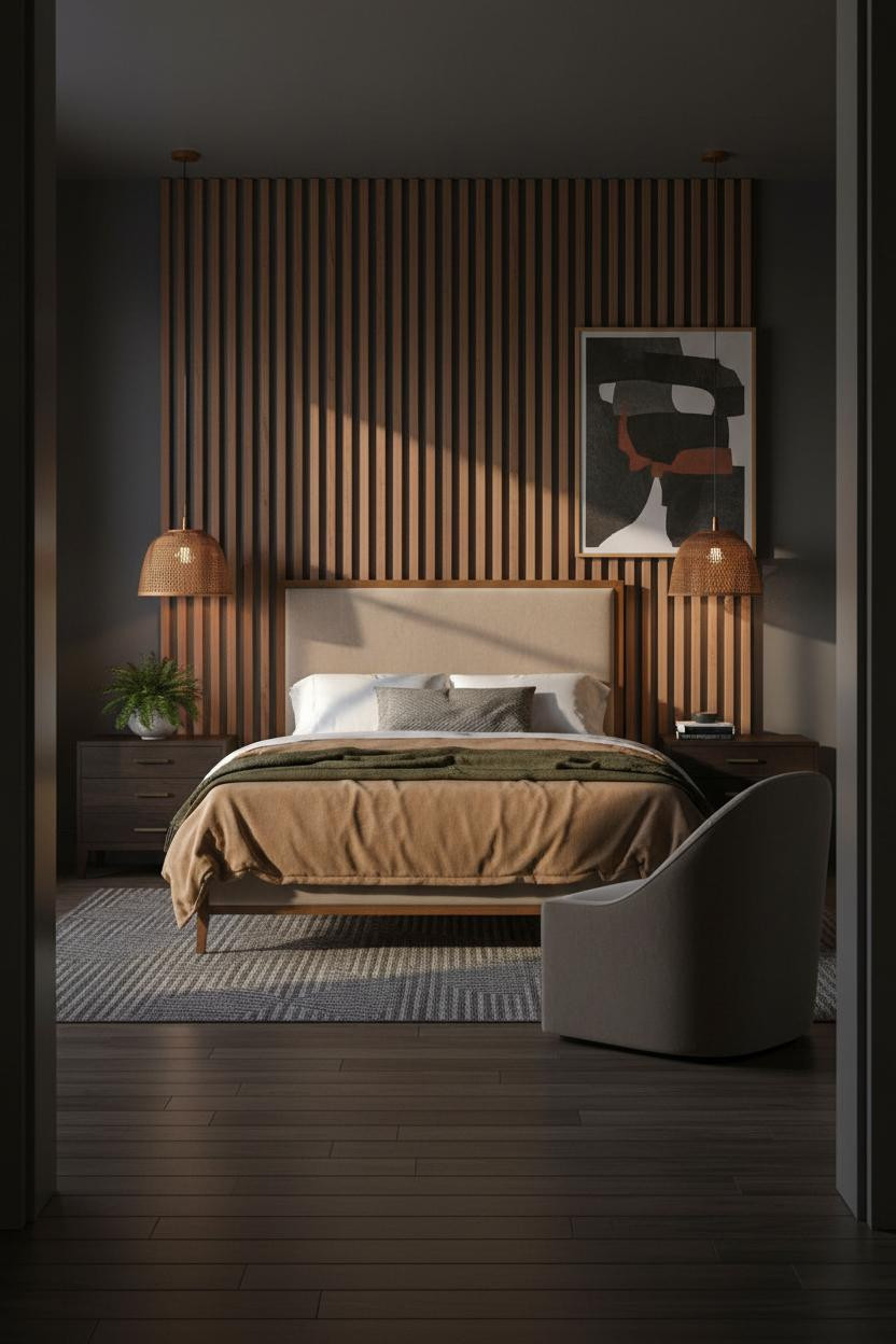 Young Couple Bedroom Dark Japandi Walnut Feature Wall with Dove Grey Accent