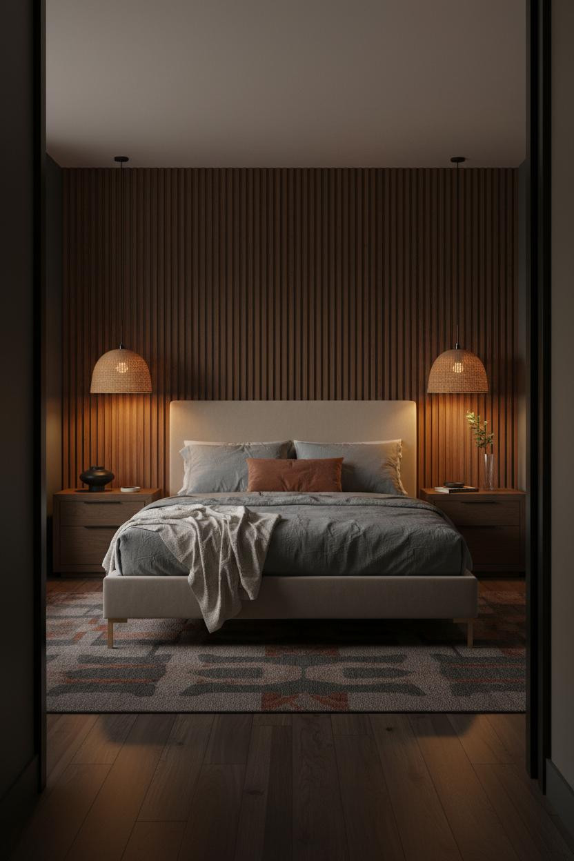 Young Couple Bedroom Japandi Walnut Pendant Lights Design