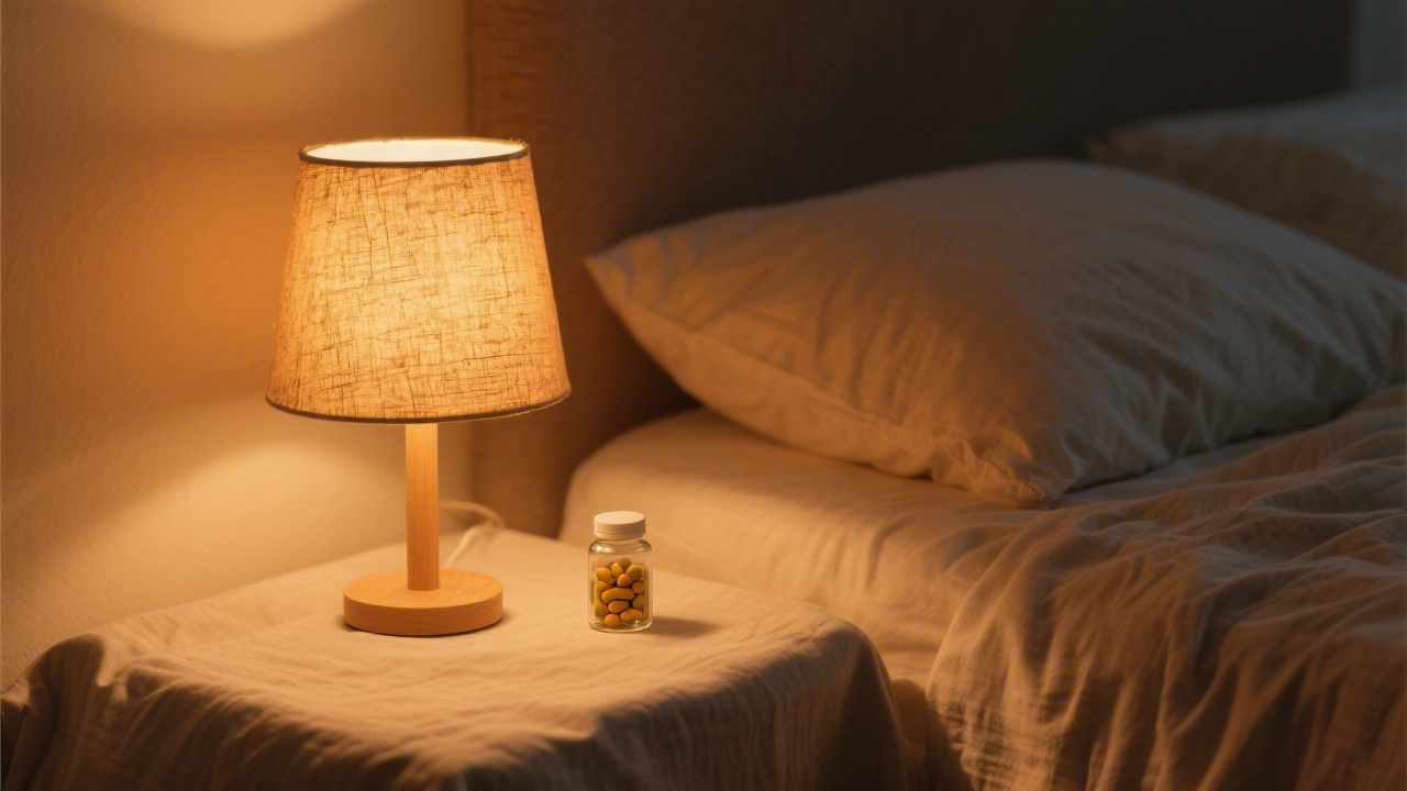 Bedside lamp with supplements representing 5-HTP serotonin sleep pathway