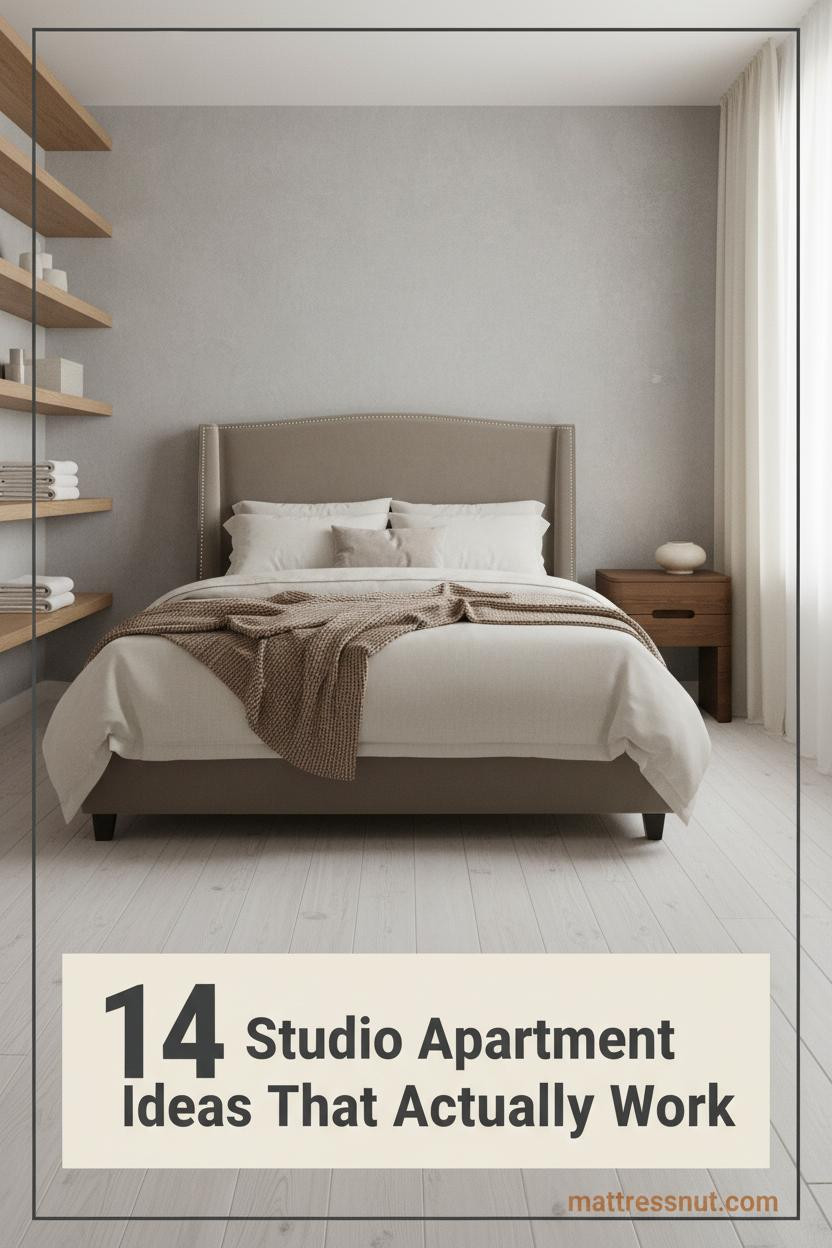 Compact studio sleeping zone with stone-grey limewash walls, oak floating shelves, cream linen bedding, taupe throw, and warm ambient morning light