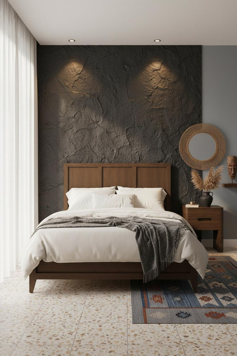 Afro Boho Bedroom Charcoal Plaster Accent Wall