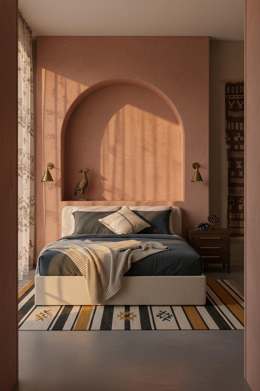 Afro Boho Bedroom Clay Arch Mudcloth