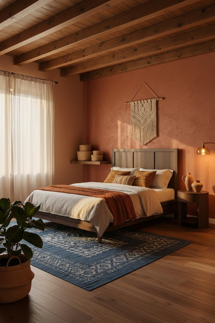 Afro Boho Bedroom Clay Walls Walnut Floor