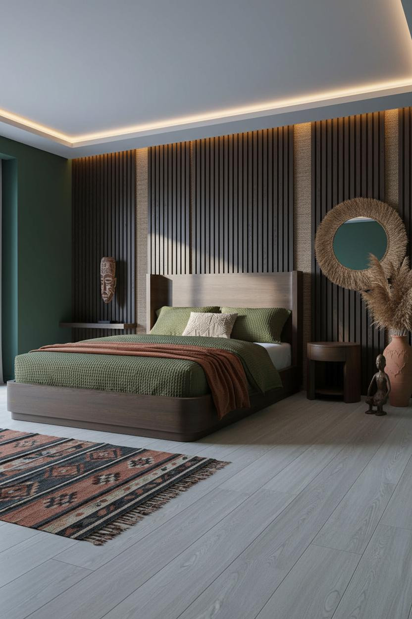 Afro Boho Bedroom Dark Green Slatted Wood Panel