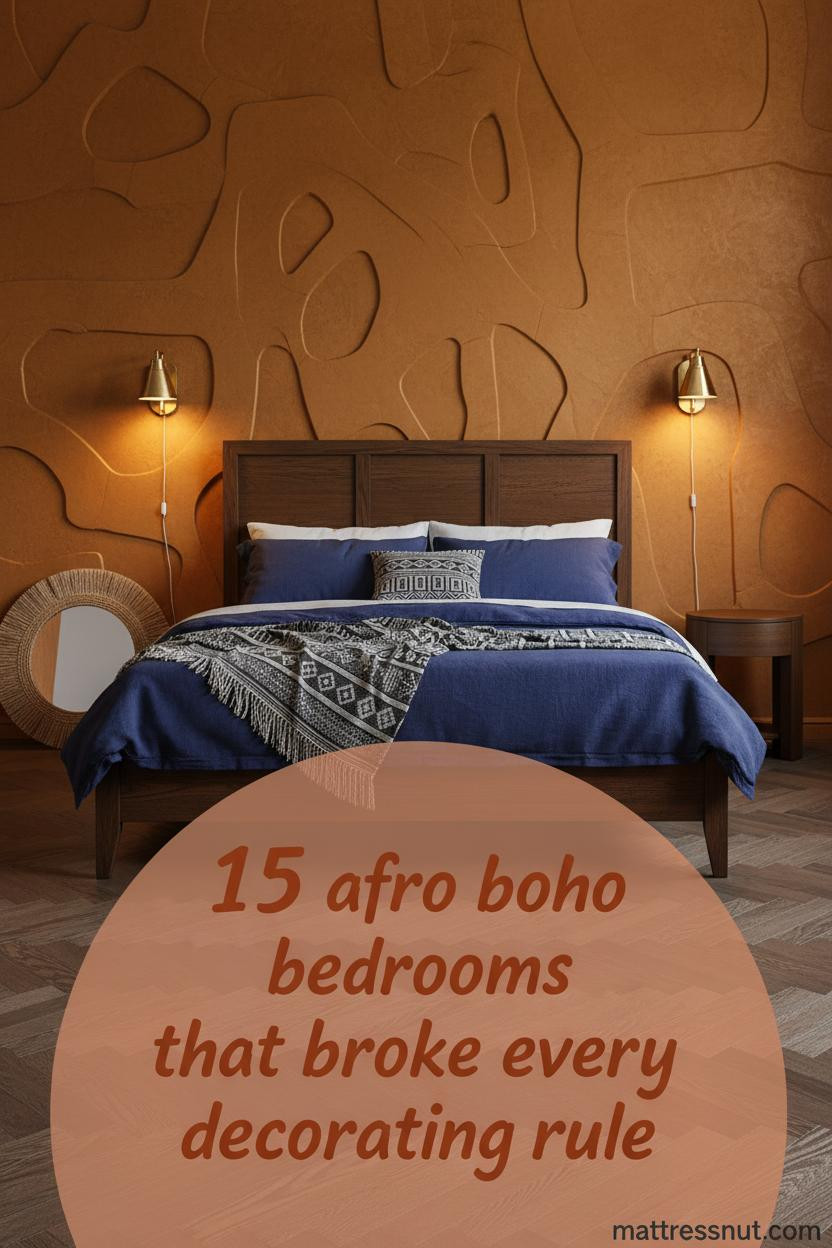 Dark boho bedroom with ochre clay plaster wall, indigo mudcloth bedding, brass sconces, herringbone oak floors, and woven seagrass mirror accent