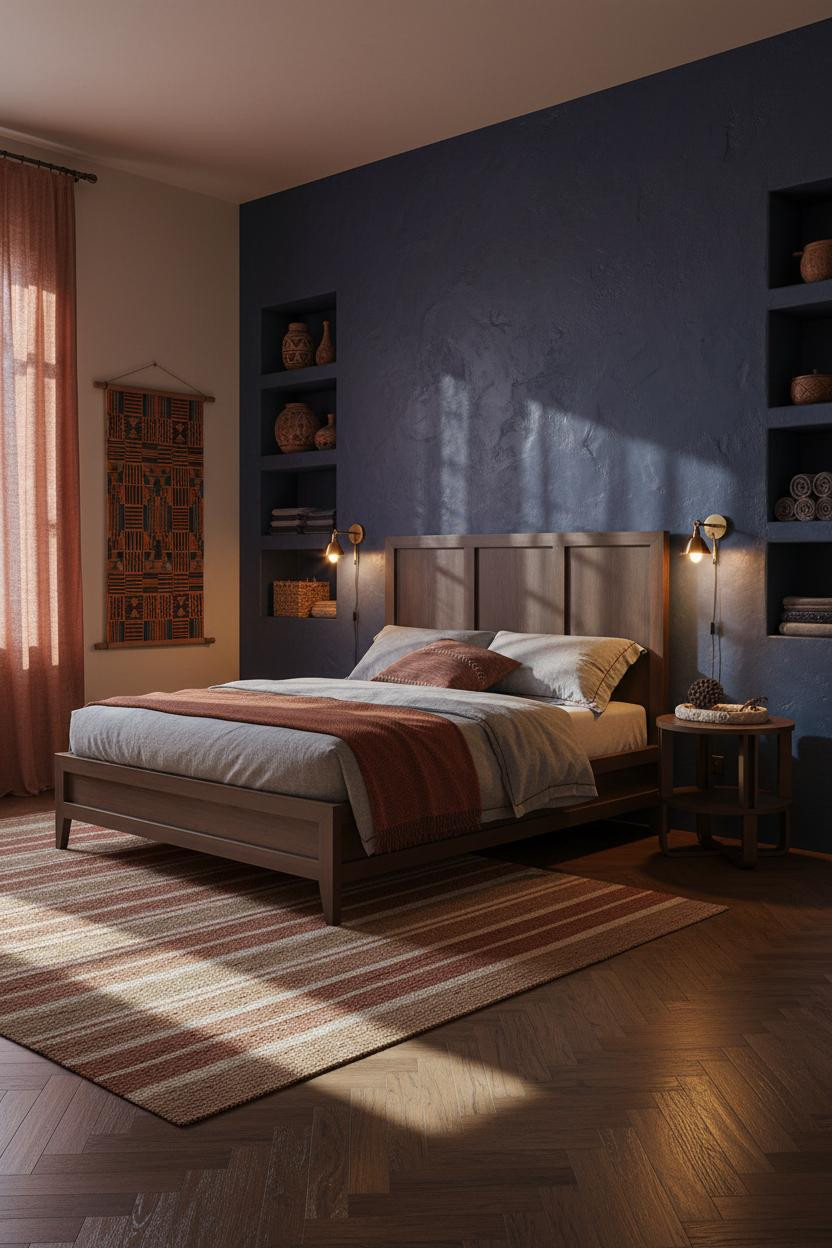 Afro Boho Bedroom Indigo Plaster Accent Wall