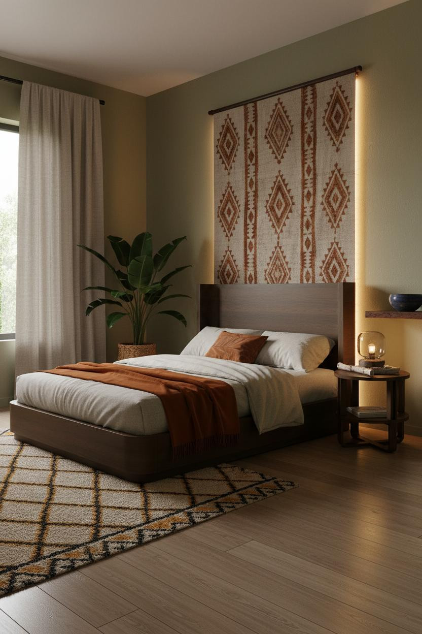 Afro Boho Bedroom Tapestry Warm Lighting