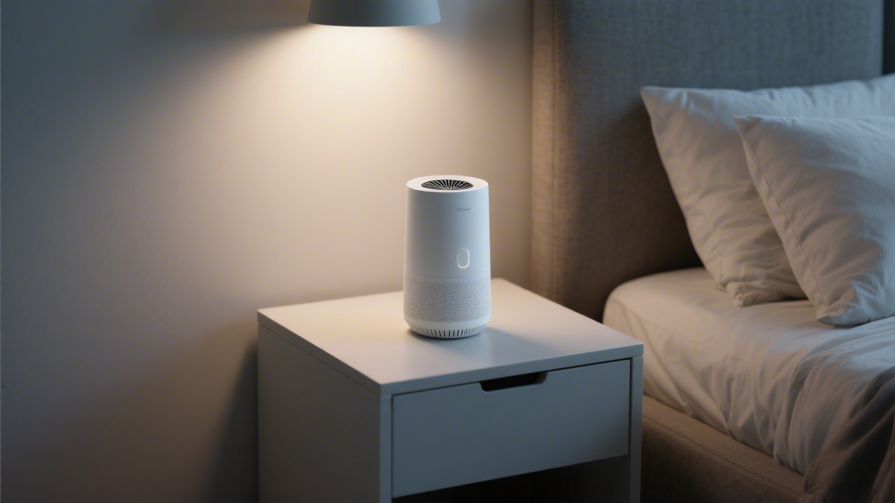 Bedroom air purifier on nightstand for better sleep quality