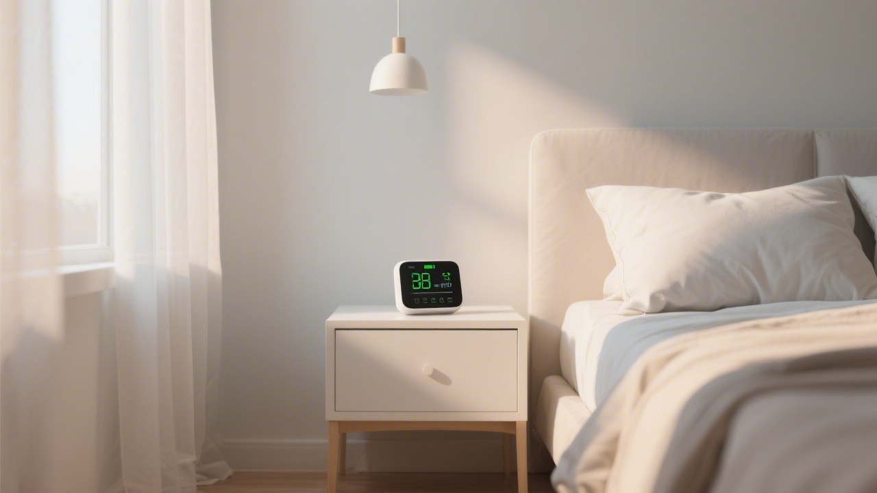 Clean bedroom with air quality monitor showing good indoor air quality for sleep