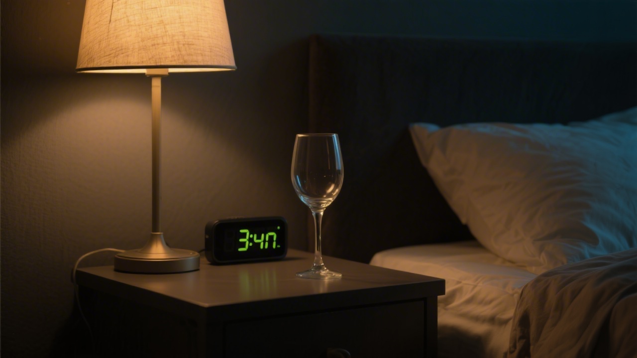 Empty wine glass on bedside table at 3am showing how alcohol disrupts sleep recovery
