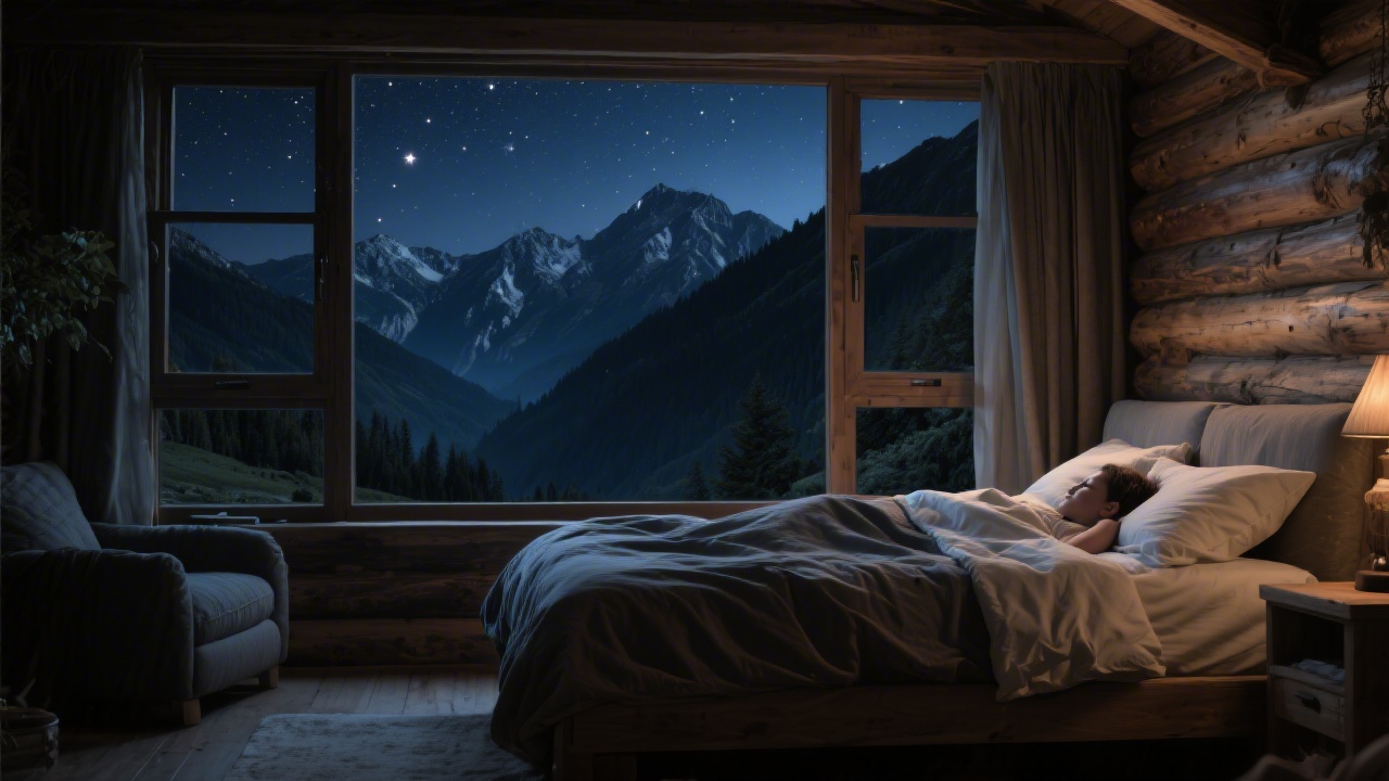 Mountain cabin bedroom with view of dark peaks, illustrating high altitude sleep environment