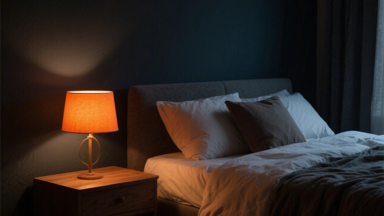 Warm amber bedside lamp creating sleep-promoting orange light in evening bedroom