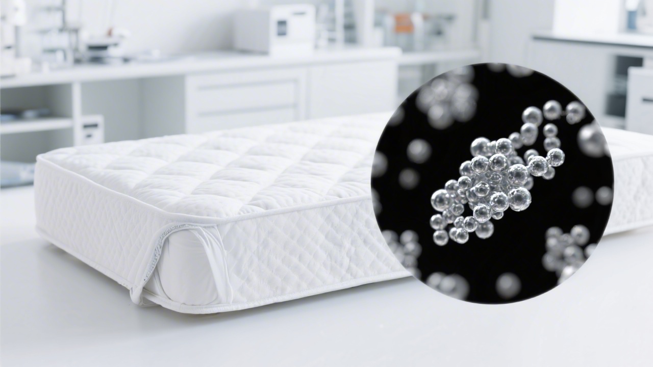 White mattress cover with microscopic antimicrobial silver ion treatment illustrated