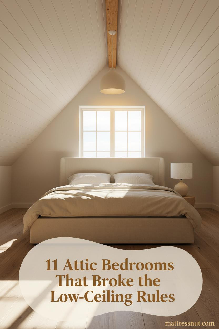 Attic master bedroom with ivory shiplap sloped walls, honey timber ridge beam, wide-plank oak floors, and warm linen bedding layers