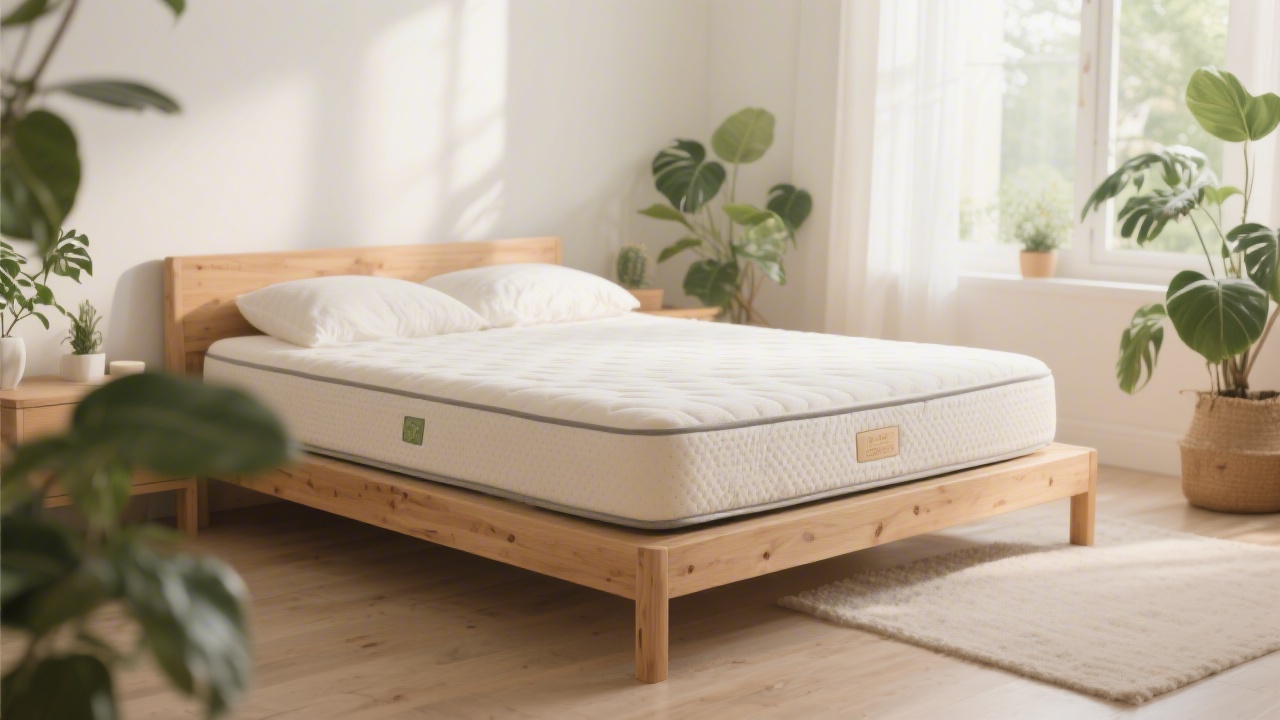 Avocado Green organic latex mattress on natural wood bed frame