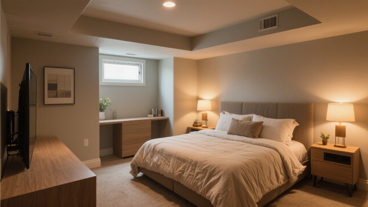 Well-designed basement bedroom with moisture-resistant mattress setup