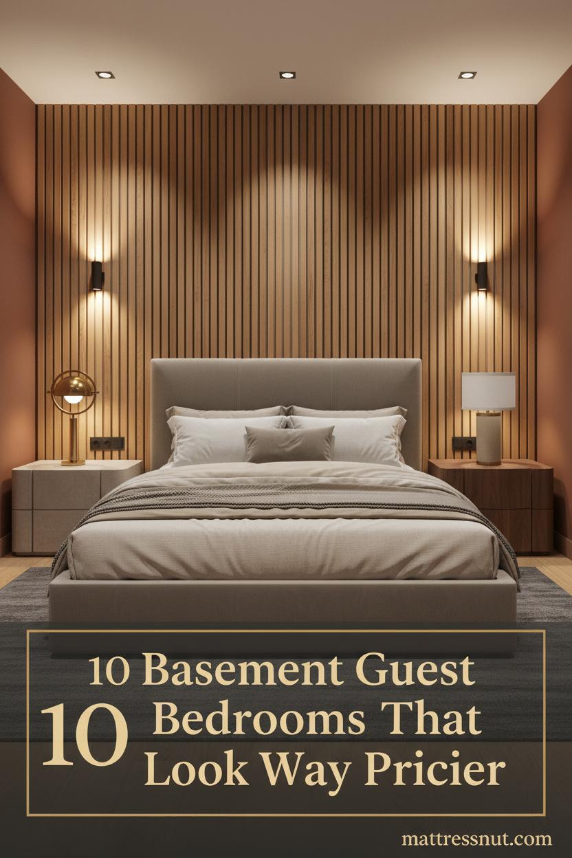 Cozy basement guest bedroom with oak slatted accent wall, rust-clay walls, cream linen bedding, walnut nightstand, and warm sconce lighting
