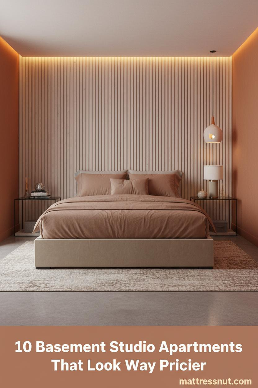 Compact basement studio with pale ash slatted wood panel wall, terracotta accents, low-profile bed, warm amber LED lighting, and polished concrete floor