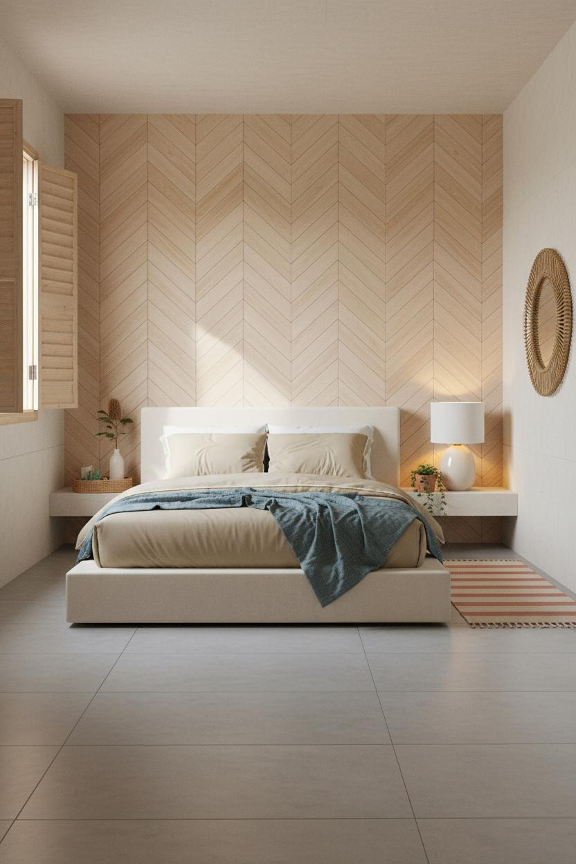 Beach Theme Bedroom Herringbone Accent Wall