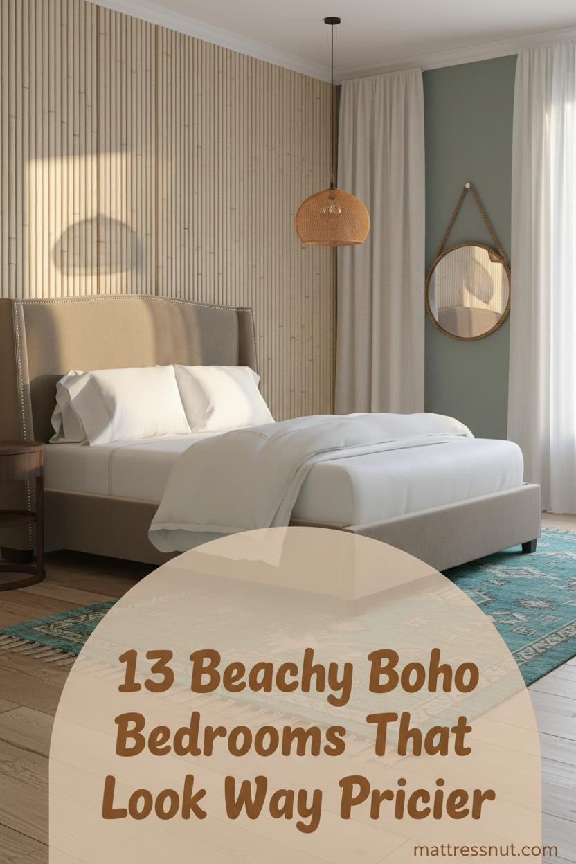 Coastal boho bedroom with bamboo slat accent wall, sage walls, cream linen bedding, teal kilim runner, and rope-wrapped round mirror