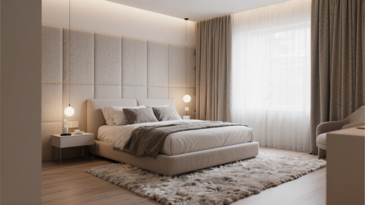 Bedroom with acoustic soft furnishings — rug, curtains, upholstered headboard