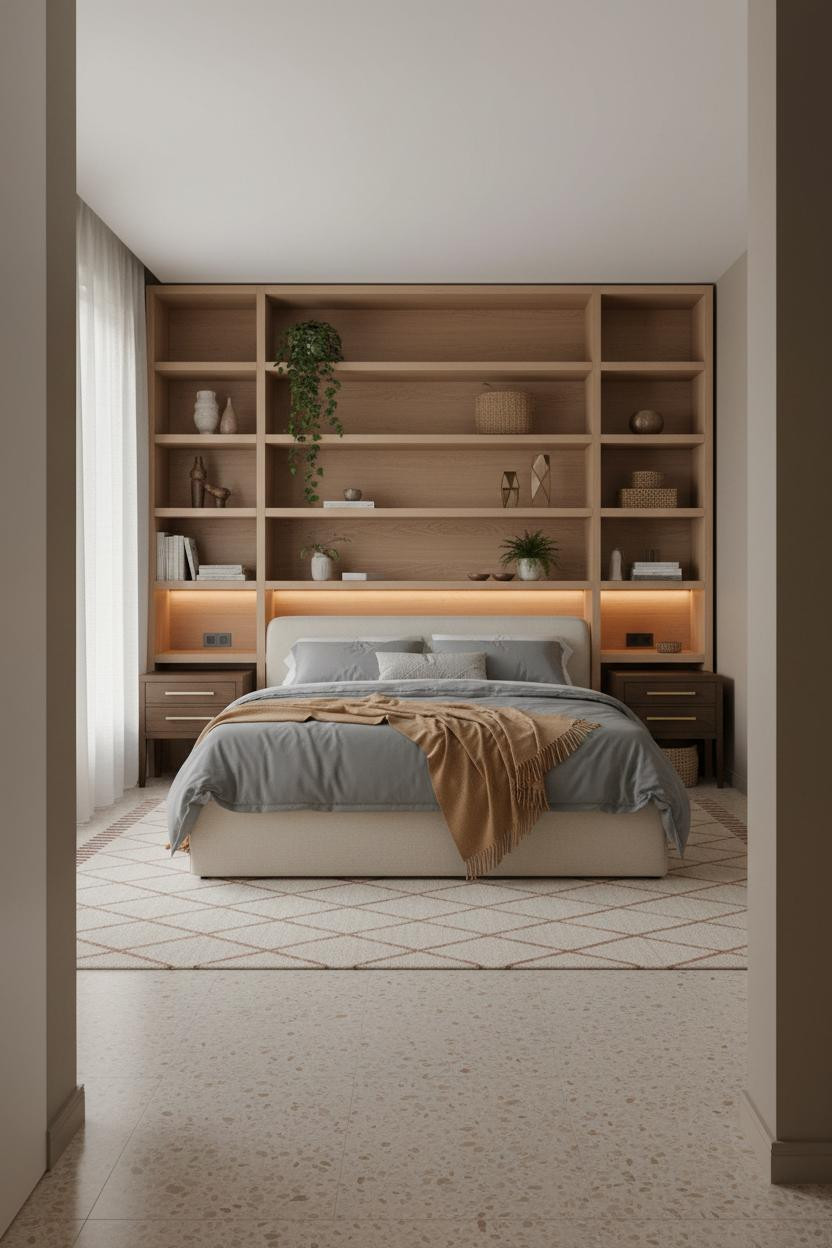 Bedroom Earth Tones Warm Neutral Shelving