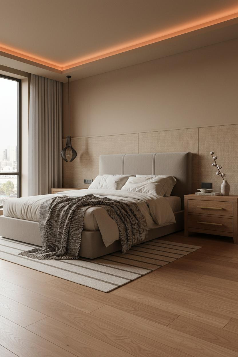 Bedroom Earth Tones Warm Neutral Wainscoting Design