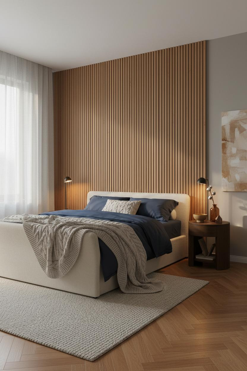 Bedroom Earth Tones Warm Neutral Wood Paneling