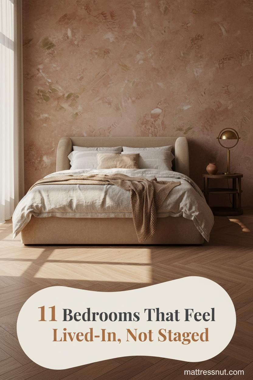Warm bedroom with clay plaster accent wall, honey herringbone oak floor, linen bedding, camel throw, terracotta vessel, and brass lamp