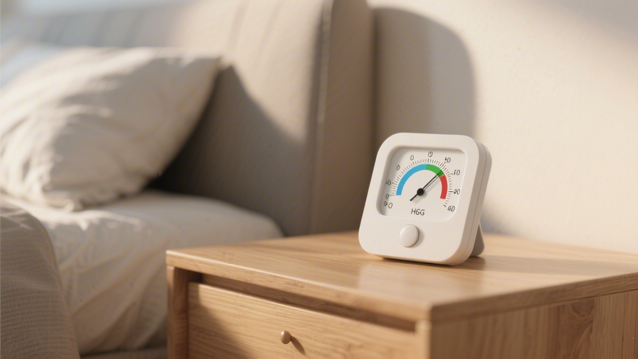 Hygrometer on bedroom nightstand showing optimal humidity level for sleep