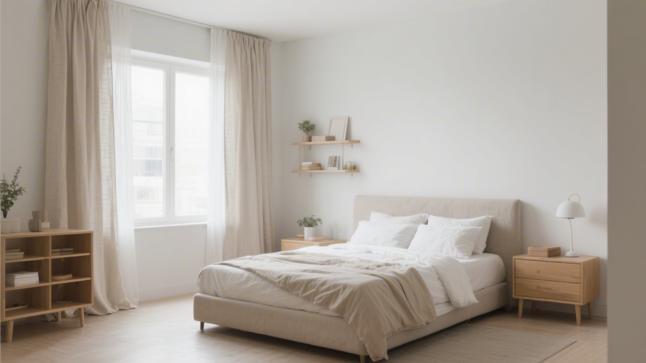 Organized minimalist bedroom promoting restful sleep with clean surfaces and neutral tones