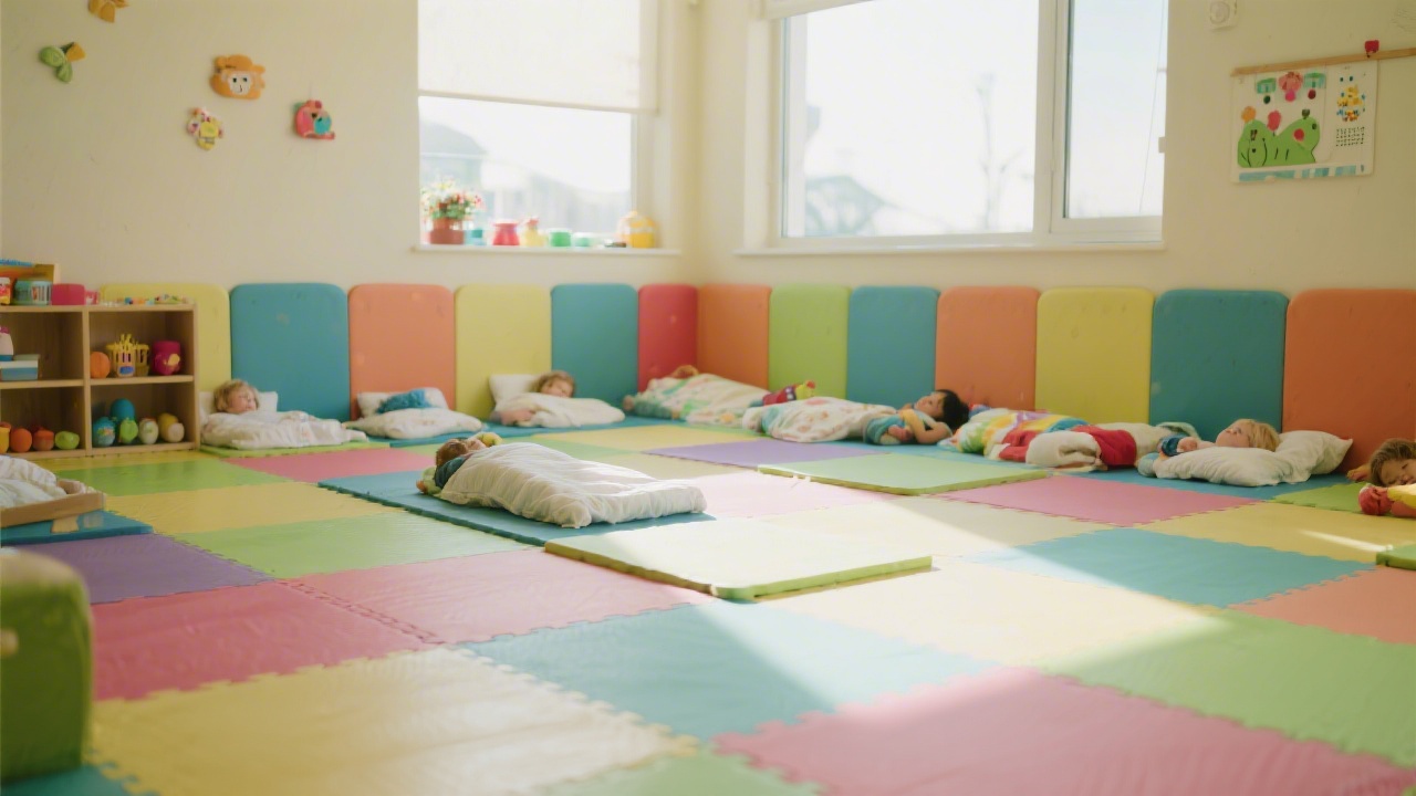Daycare nap mats arranged in a bright classroom setting