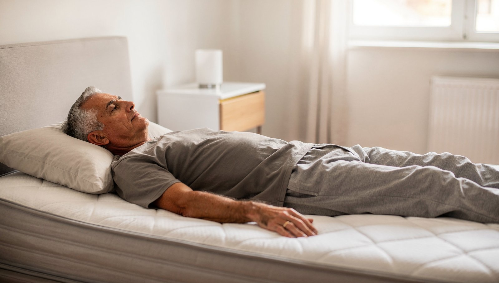 A man in his sixties lying on his back on a supportive mattress with neutral spine alignment, calm morning light