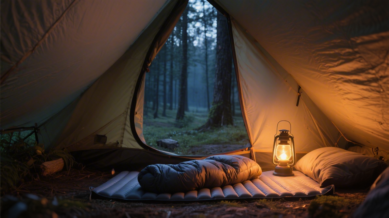 Camping tent interior with sleeping pad and sleeping bag setup