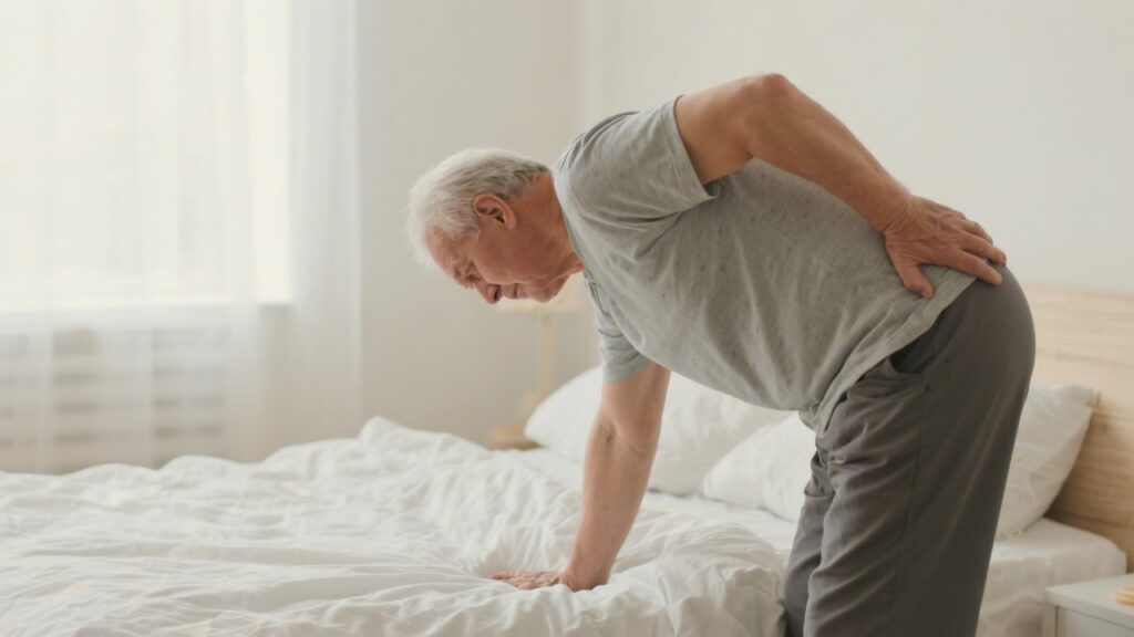 Person with chronic pain sitting on edge of supportive mattress