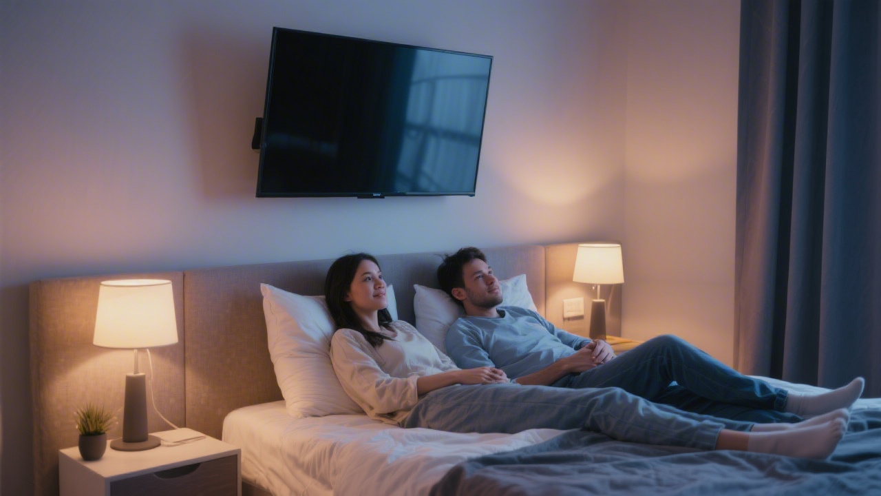 Couple watching TV in bed with proper support setup