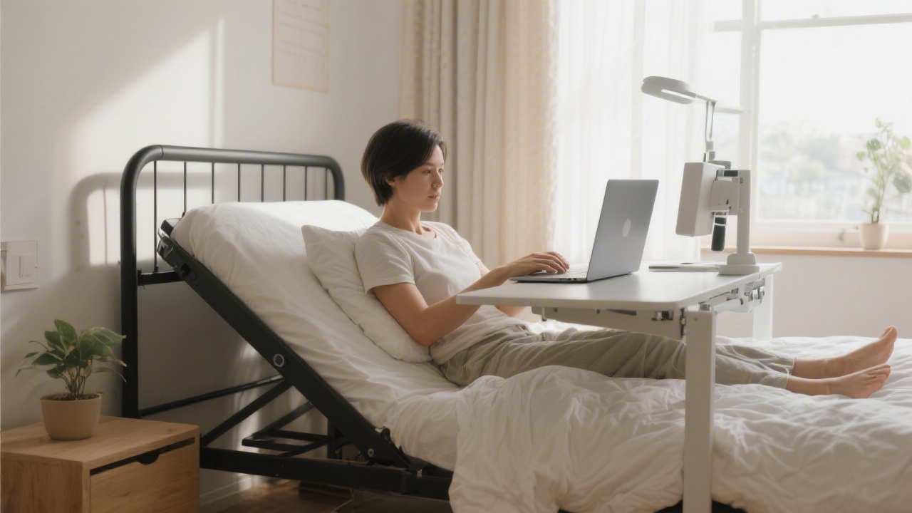 Person working from bed with adjustable base and laptop