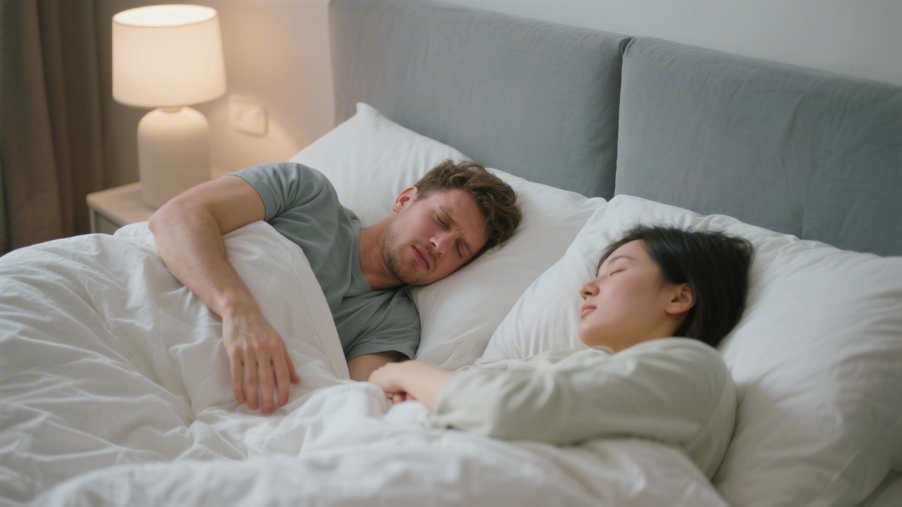 Couple in bed with one restless sleeper and partner sleeping undisturbed on quality mattress